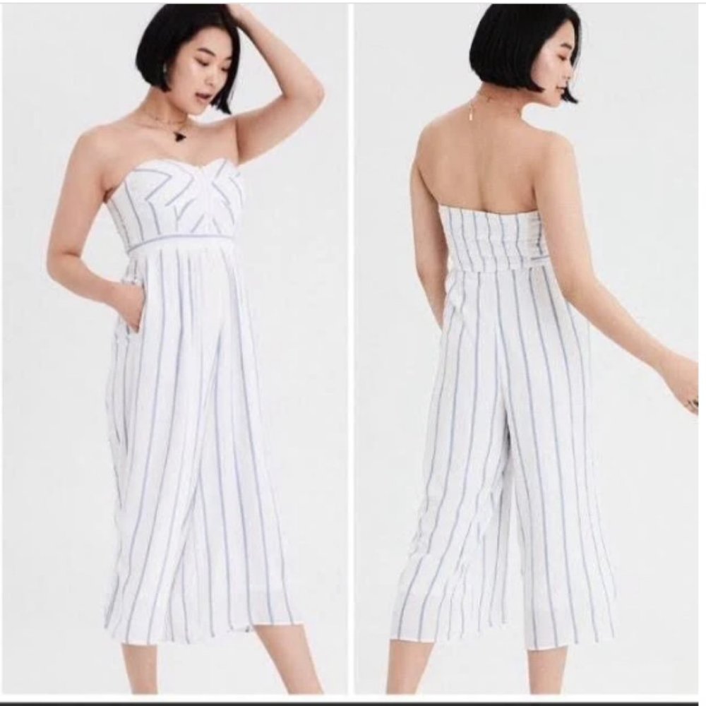 American Eagle Blue White Corset Bustier Cropped  Wide Legged Jumpsuit  X Small